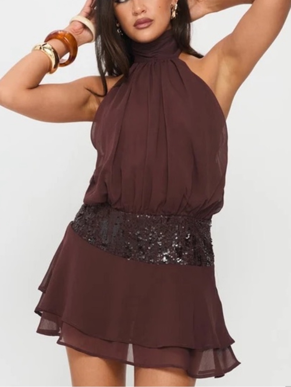 Princess Polly Chocolate Brown High-Neck Halter Mini Dress with Sequin Waist